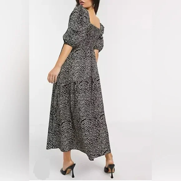 ♦️SOLD♦️ Mango Puff Sleeve Midi Dress Abstract Animal Print Black & Tan Size 10 - Picture 4 of 13